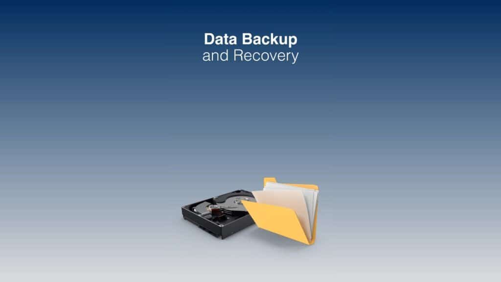 Graphic of a hard drive and folders, titled Data Backup and Recovery