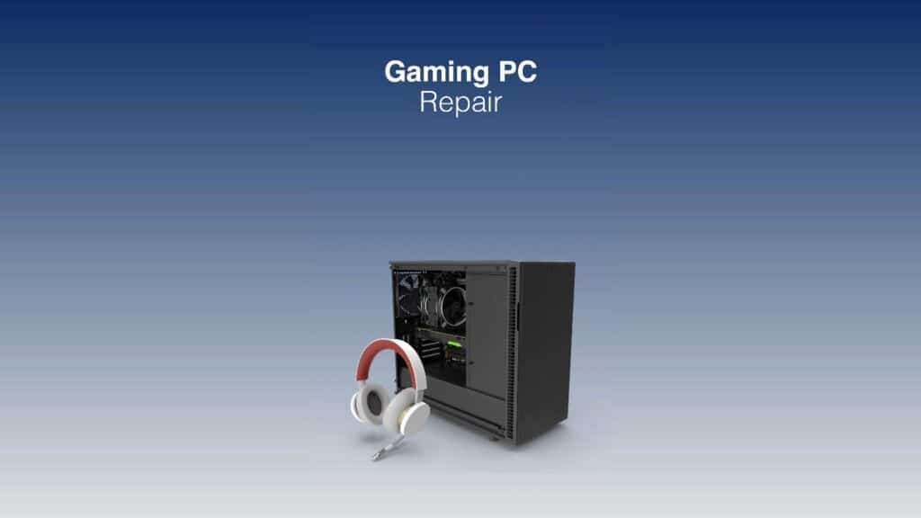 Graphic of a gaming PC tower with headphones, titled Gaming PC Repair