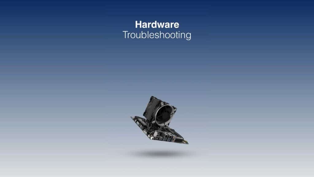 Graphic of a motherboard and CPU cooler, titled Hardware Troubleshooting