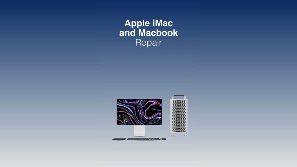 Graphic of a Mac desktop computer and monitor, titled Apple iMac and MacBook Repair