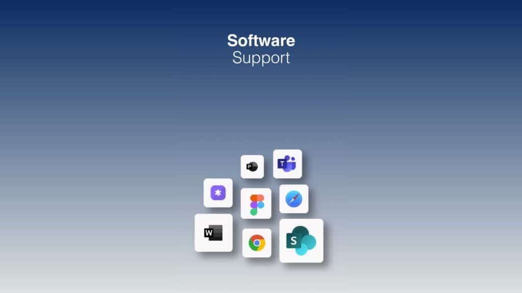 Graphic of app icons including Word, Teams and Chrome, titled Software Support