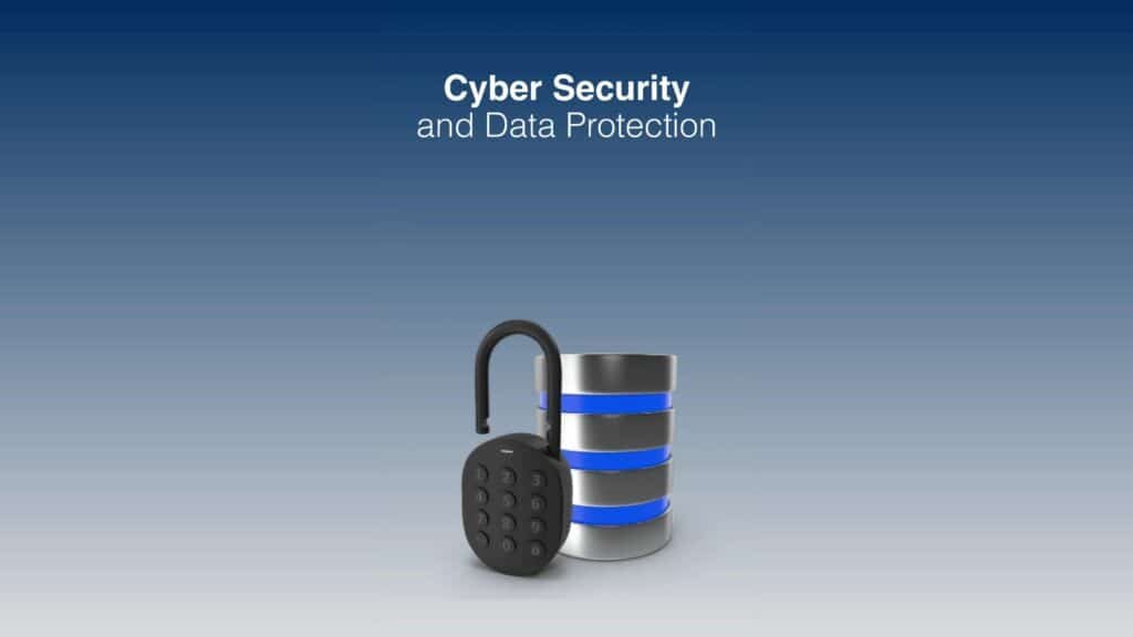 Padlock and database graphic with the words Cyber Security and Data Protection